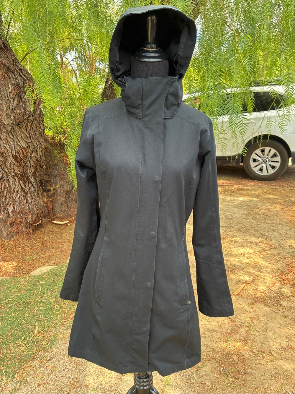 Patagonia Black Hooded Trench Coat — Streamlined Rain-Ready Jacket